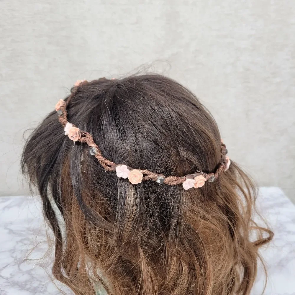 Floral Braided Headband Crown with Pink and Peach Flowers Bohi Hippie Festival